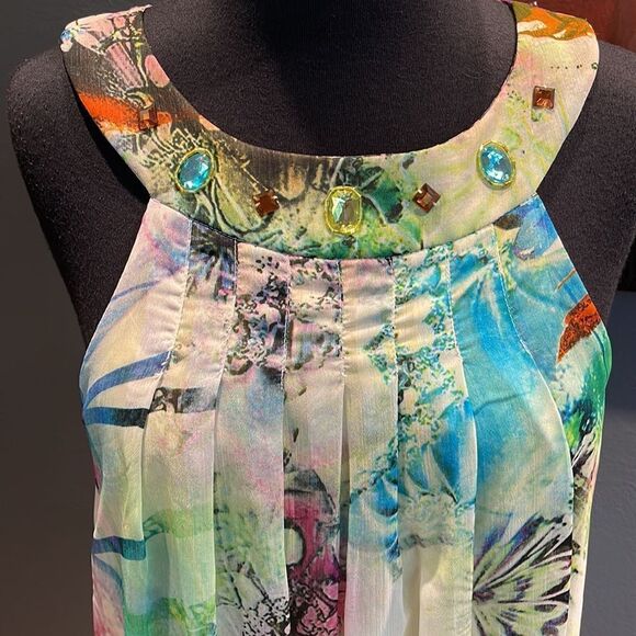 K studio sheer lined soft floral pleated beaded neckband halter midi. Size 6. - Picture 2 of 6